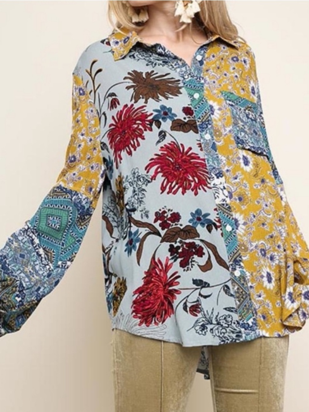 Umgee Patchwork Gold & Blue Floral Button Down Shirt Size Medium